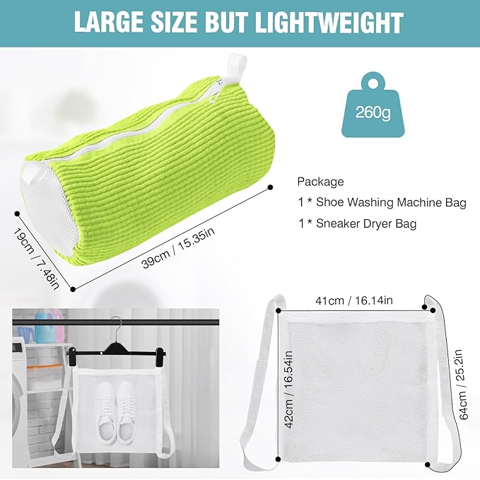 Shoe Washing Machine Bag, Shoe Laundry Bag for Washer and Dryer, Include Dry Net Bag, Reusable and Durable Zipper with Hook Design, Shoe Washing Bag for Sneaker (Green, 1 Pack)