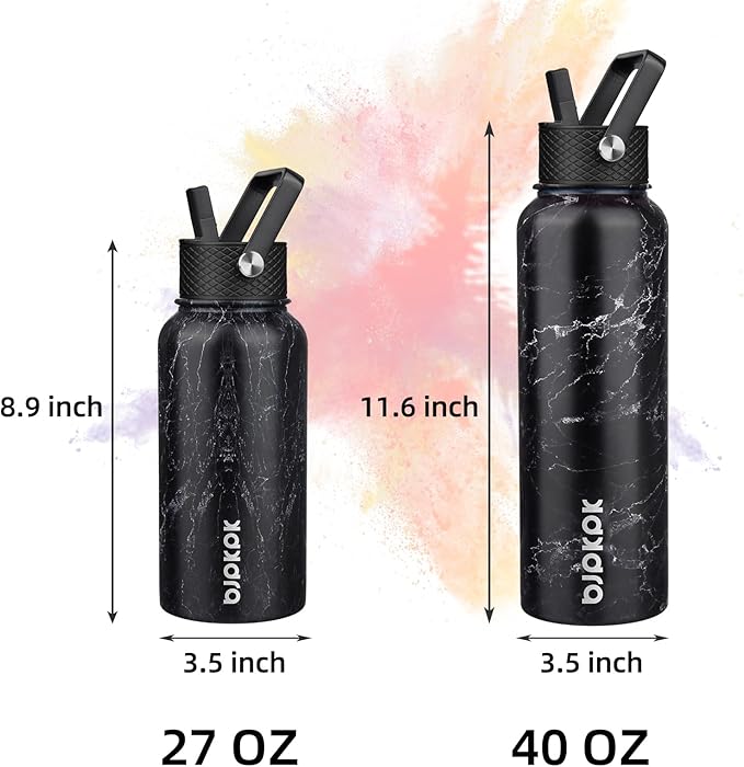 BJPKPK Insulated Water Bottles with Straw Lid, 27oz Stainless Steel Water Bottle with 3 Lids, Leak Proof BPA Free Metal Thermo, Mugs, Tumblers, Keep Cold Hot - Midnight