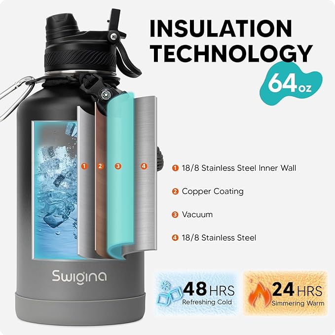 [2-IN-1 LID] 64 oz Insulated Water Bottle with Silicone Boot (48hrs Cold/24hrs Hot) - DIY Stickers, Leakproof, BPA Free, Half Gallon