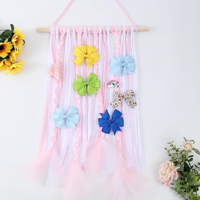YOcity Bow Holder for Girls Hair Bows Organizer for Girls with Lace Ribbon Perfect for Baby Girl Nursery Room Decor (White+Pink)