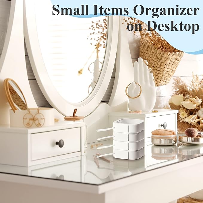 Kathfly 3 Hair Tie Organizer, Bobby Pin Holder, Cotton Swab Dispenser, Stackable Hair Accessory Jewelry Organizer Box, Hanging Tie Container, Travel Case for Women Desk Desktop(White)