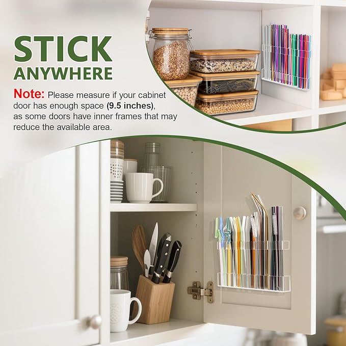 9.5” Large Acrylic Straw Holder for Cabinet Door - Reusable Tumbler Straw Organizer Storage, Small Kitchen Accessories Container, Ultra Sticky Cupboard Door Mounted (Transparent)