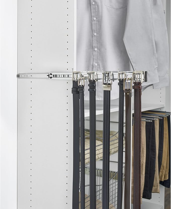 Rev-A-Shelf 14" Pull Out Closet Organization Rack for Belts, Ties and Scarves, Accessories Storage Hanger with Mounting Hardware, Chrome, BRC-14CR