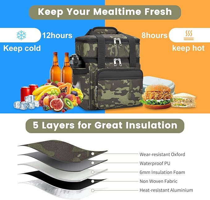 Insulated Lunch Bag & Lunch Box for Men - Double Deck Reusable Lunch Bag for Women Tote Cooler Bag Leakproof Soft Expandable - Large Lunchbox for Work/Adult/Picnic/Outdoor (Camo，15L)
