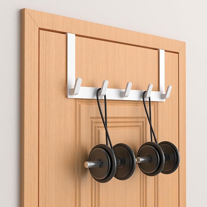 Over The Door Hooks Hanger, Heavy Duty Rack for Winter Coat, Fits 1 3/8" Doors, L7U - Bathroom Accessories and Towel Organizer Holder, Glossy White