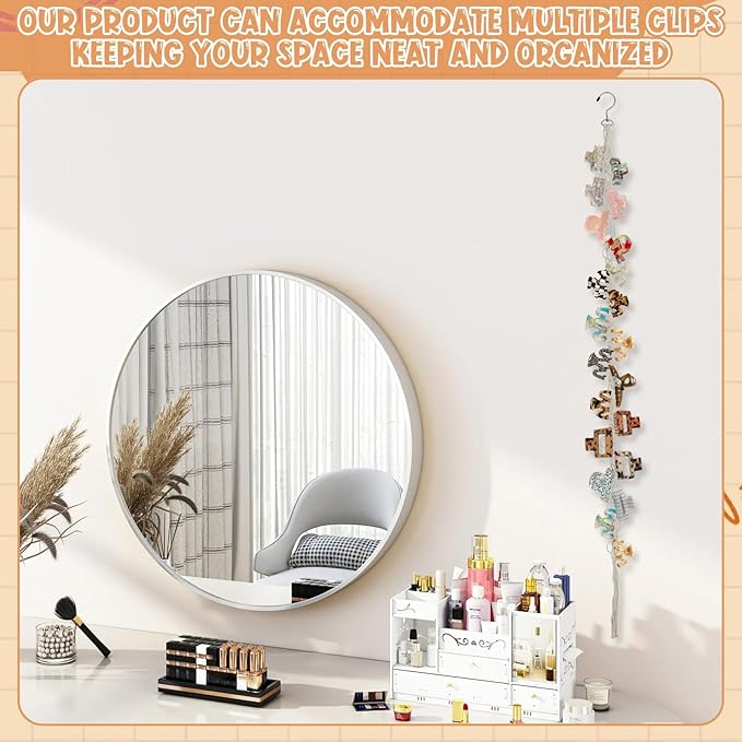 Hanging Braided Hair Clip Organizer with Swivel Hook and 20 Metal Rings, Claw Clip Organizer Daily Necessities for Women, Flexible Hanging Storage Decor for Wall