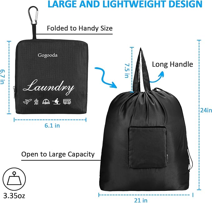 GOGOODA Travel Laundry Bags with Drawstring Closure XL Large Foldable Dirty Clothes bags with Handle Heavy Duty and Washable for College Dorm Travelling Camping, 2 Pack, Black