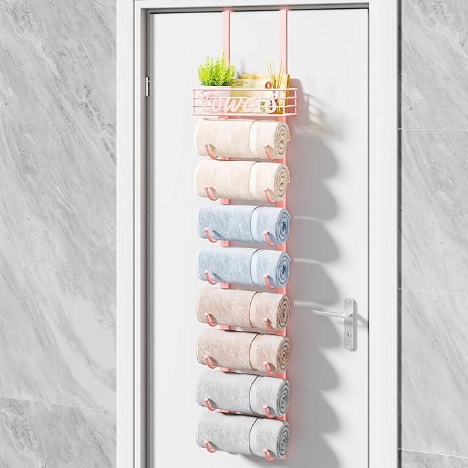 HapiRm Towel Racks for Bathroom Storage - 9 Tier Over The Door & Wall Mount Rolled Towel Storage Organizer Holder with Metal Shelf Basket for Small Bathroom, Camper, Rv - Pink, Patented
