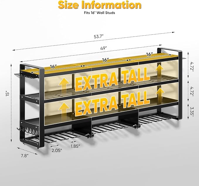 49" W Large Power Tool Organizer Wall Mount, 4 Layer Heavy Duty Loads 800 lbs, Tool Rack Holds 12 Cordless Drills, Large Capacity Battery Holder for Garage Storage, Christmas Gift for Men