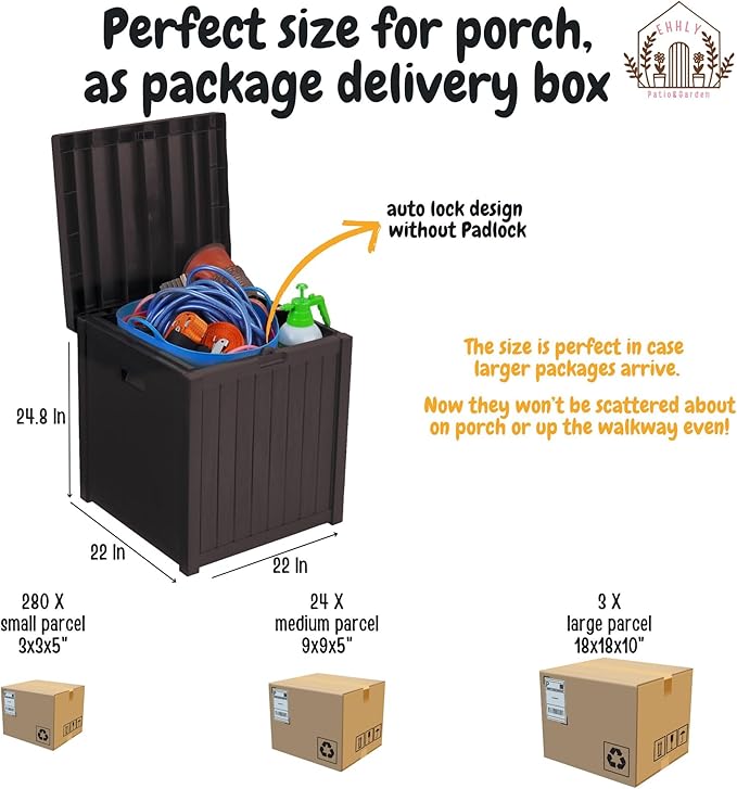 EHHLY Deck Box, 51 Gallon Front Porch Package Bin Delivery Box for Outside, Small Patio Outdoor Storage Boxes Waterproof, UV Resistant Plastic Resin Pool Storage Bins with lids, Brown