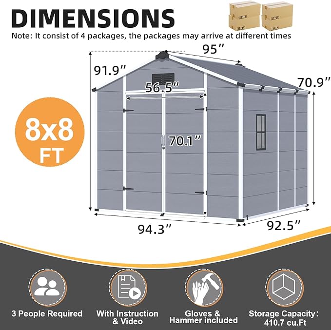 MELLCOM 8 x 8 FT Resin Outdoor Storage Shed with Floor, Storage Tool Shed with Windows and Lockable Door, Resin Garden Shed for Lawnmower, Bike, Pool Supply