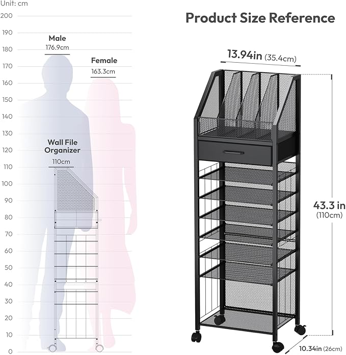 SWTYMIKI 9-Tier Rolling File Cart - Paper Organizer with Drawer and Trays, Wood Desk Office Organizer, Office Organization and Binder Storage for Workspace, Home, School, Black