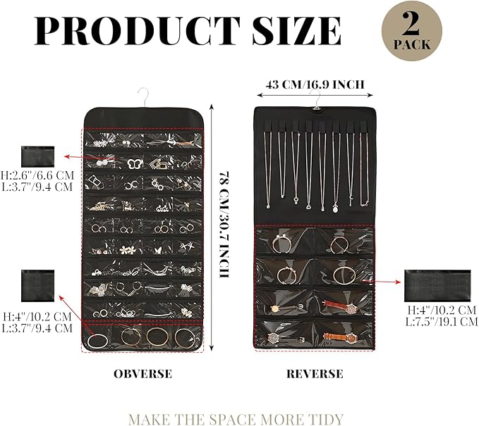 2 Pack Jewelry Hanging Organizer 48 Pocket with Hanger Hook, Double Sided Hanging Wall Jewelry Holder for Closet, Over Door Necklace Earring Storage Roll Bag for Women Ring Bracelet, Black