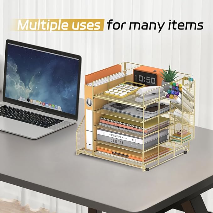 Gold Desk Accessories, 5-Tier Desk Organizer with Magazine Holder, Paper Organizer with Pen Holder for Home, Office or School Supplies