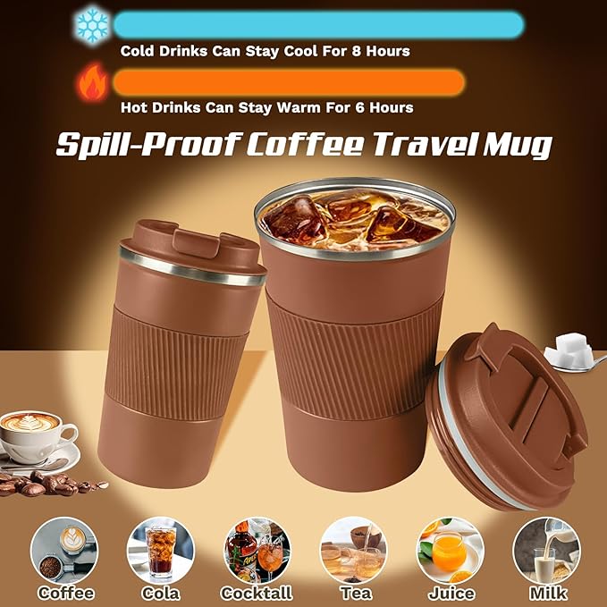 Vacuum-Insulated Stainless Steel Travel Coffee Mug, Leak-Proof Reusable Coffee Cup with Lid -Keep Hot & Cold Drinks for Hours, Durable Insulated Tumbler for Men & Women(3rd-Light Coffee, 17OZ)
