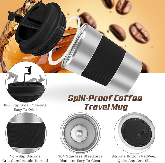 Vacuum-Insulated Stainless Steel Travel Coffee Mug, Leak-Proof Reusable Coffee Cup with Lid -Keep Hot & Cold Drinks for Hours, Durable Insulated Tumbler for Men & Women(3rd-Silver black, 17OZ)