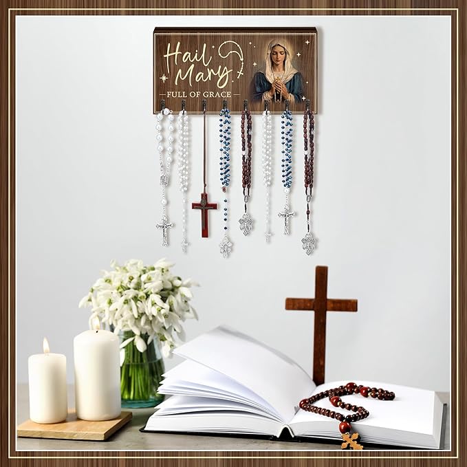 Large Wooden Rosary Holder Wall Mounted with 8 Hangers Catholic Rosary Storage Organizer Decorative Hanger Holder for Necklace, Bracelet Prayer Storage(Classic)