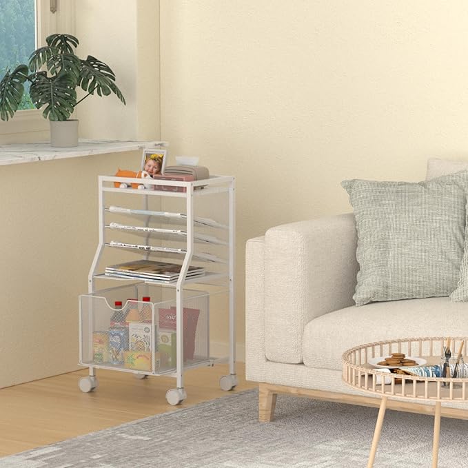 Rolling File Cart, 6-Tier Desk File Organizer on Lockable Wheels, White Wood Planks & Mesh Sliding Hanging Folder Drawer, Organization Cart for Office Home School