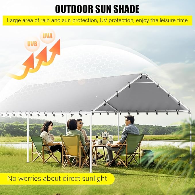 DWALE 10 x 20 Ft Carport,Replacement Canopy Cover Garage Top Tent Shelter Tarp,Grey with 48 Ball Bungee Cords Waterproof & UV Protected (Only Tarp Cover, Frame Not Include)