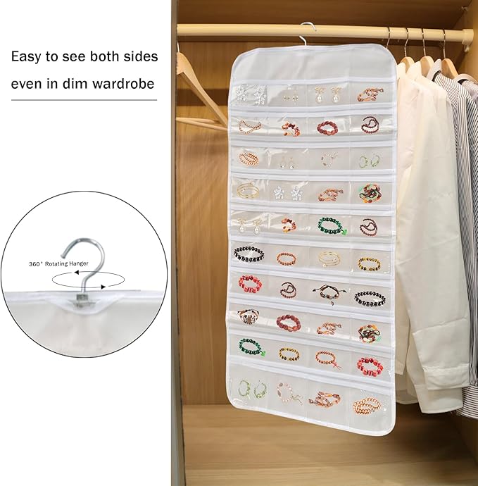 80 Pockets Double-Sided Hanging Jewelry Storage Bag, Transparent Earring, Bracelet, Ring Bag, 33x17 Inch Large Size Fits Wardrobe/Shelf Rod, Travel Portable, Non-Woven(White)
