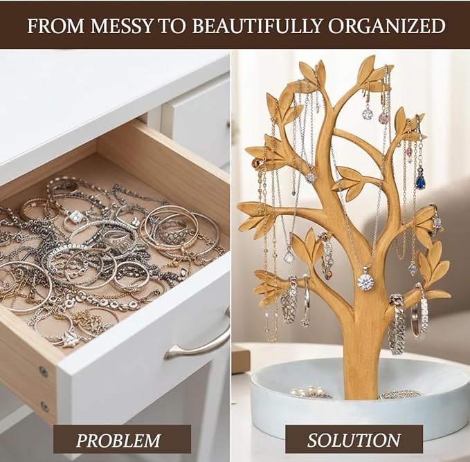 Decozen Jewelry Organizer Hanging Tree Stand - Necklace Holder Jewelry Organizer For Women with a Ring Dish Tray for Mothers Day Gifts, Valentines Day Gifts for Her, Gift for Mom, Home Decor