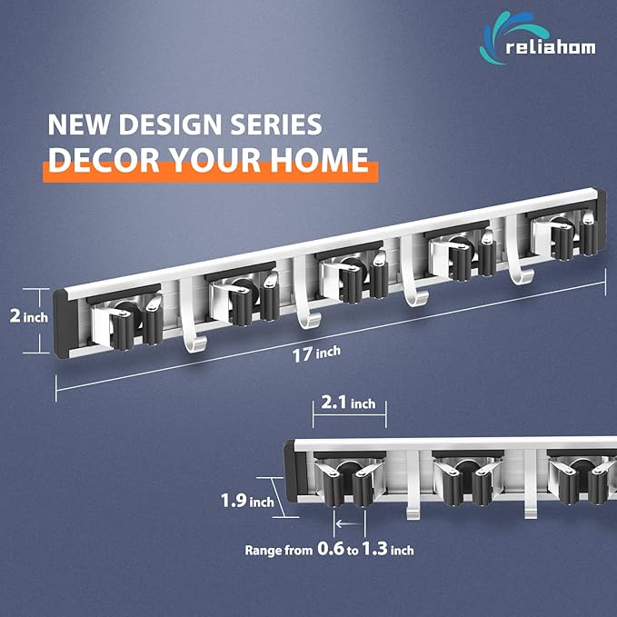 reliahom Broom Holder Wall Mount, 5 Racks with 4 Hooks Black - Mop Storage Tool Racks, Broom Hanger Tool Organizer for Garage, Kitchen, Garden, Laundry Room