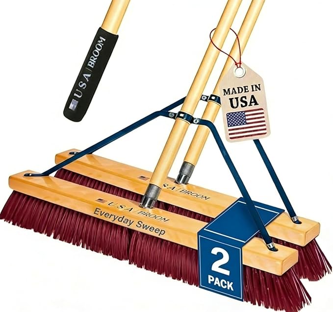 2-Pack - 36" Everyday Sweep Indoor/Outdoor Push Broom with 60" Handle. Ideal for Garages & Shops. Durable American Made Steel Brackets-All Stainless Steel Hardware. No Plastic. 100% USA Made