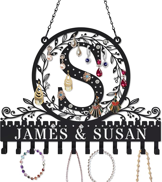 Personalized Letter Hanging Earring Organizer Wall Mounted Jewelry Rack for Earrings Necklaces Bracelets Space Saving Jewelry Display Stand Perfect Valentine's Day Gift