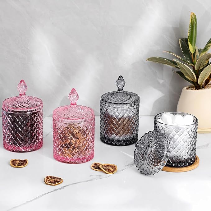 rejomiik 2 Pack Qtip Holder Glass Apothecary Jars with Lid for Bathroom Canisters Dispenser Decor Storage Organizer for Cotton Swabs, Balls, Pads, Floss Picks, Candy, Grey