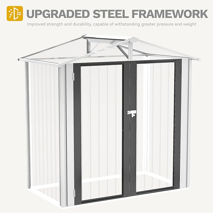 DWVO 6x4ft Tool Storage Shed, Lockable Doors, and Sloped Roof, Steel Outdoor Storage Shed for Garden, Patio, Garage, Backyard, Lawn - White