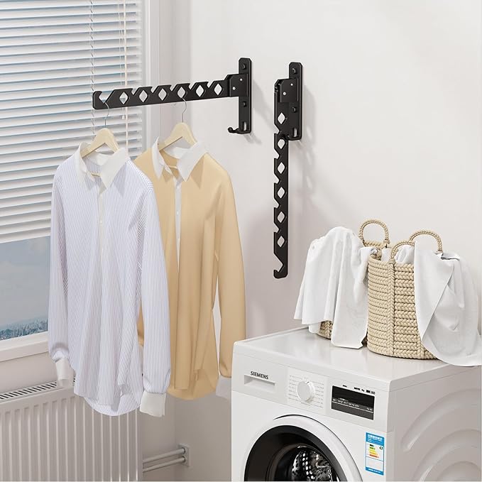 Wall Mounted Clothes Drying Rack, Wall Clothes Hanger Hook for Laundry Room Hanger Foldable, Wall Clothes Rack Indoor, Perfect for Small Spaces, Matte Black 2 Packs
