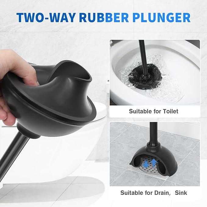 Toilet Plunger and Brush, Bowl Brush and Heavy Duty Toilet Plunger Set with Ventilated Holder, 2-in-1 Toilet Brush and Plunger Combo for 5.3-inch Toilet Drain Bathroom Cleaning (Black)
