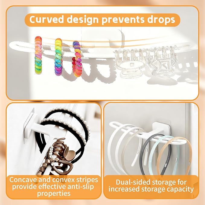 Headband Organizer Holder-Wall Mounted Hair Accessories Storage with Anti-Slip Strips Curved Design 10.6x3.26 inch Girls Baby Scrunchies hairband storage for Wall, Bathroom, Bedroom