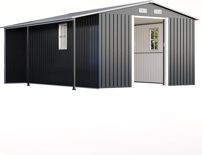 Jocisland 12x12x6.6 FT Galvanized Metal Storage Shed with Open Firewood Storage, Sliding Doors & Ramp, 2 Windows & Vents, Weather-Resistant Outdoor Tool/Garden Shed, Dark Grey/White