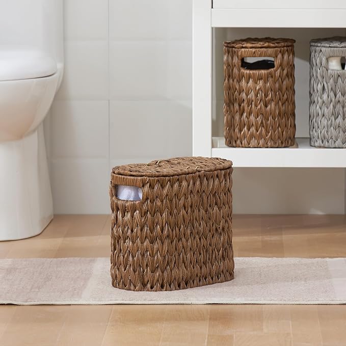 Toilet Paper Storage with Double Lid, Toilet Paper Basket for Storage, Waterproof & Freestanding Tissue Holder for Bathroom, 4 Rolls, Brown