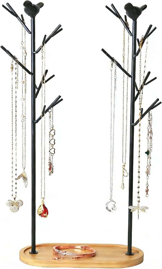 Jewelry rack, bird tree tower, hanging ring, earring, necklace, bracelet, suitable for living room, bathroom, office - black