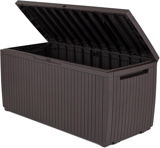 Keter Springwood 80 Gallon Resin Outdoor Storage Box for Patio Furniture Cushions, Pool Toys, and Garden Tools with Handles, Brown