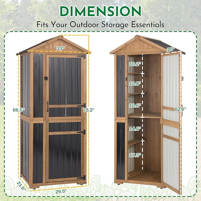 Outdoor Storage Cabinet 70 Inch, Wooden Vertical Garden Tool Storage Shed with Adjustable Shelves, Waterproof Roof, Lockable Doors, Small Backyard Utility Cabinet for Patio Garage