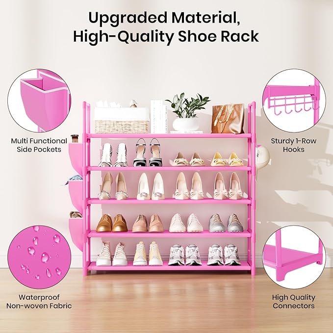 Shoe Rack for Closet Shoe Organizer Space Saver Storage for 20-25 Pair Shoe Shelf with Hook and Side Pocket Free Standing 5 Tier Shoe Rack Organizer for Entryway,Small Spaces, Pink