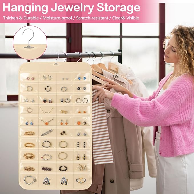 Hanging Jewelry Organizer for Closet with Swiveling Hanger, 17 x 30 In, 80 Clear Pockets Jewelry Organizer Hanging for Jewelries, Earrings, Accessories (Beige)