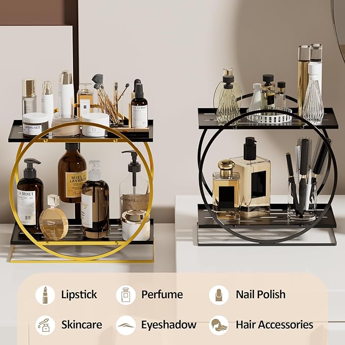 2 Tier Perfume Organizer for Dresser, Black Gold Perfume Makeup Perfume Stand Organizer for Vanity, Cosmetics Ideal Gift for Perfume Lovers - Gold