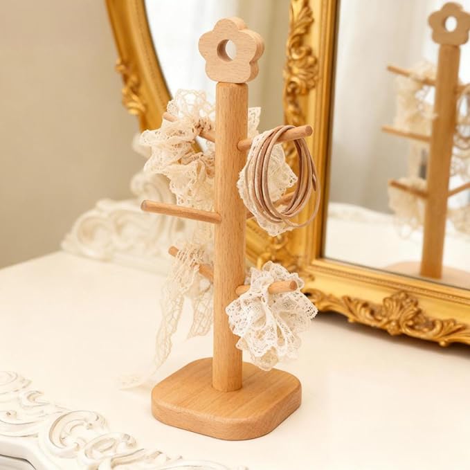 Wooden Hair Tie Holder, Beechwood Accessory Organizer with 6 Prongs for Scrunchies and Bands, Tabletop Storage Rack Home Boutique