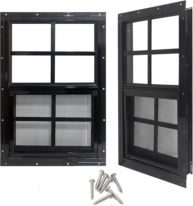 Yuzzy 14" x 21" Shed Windows with Tempered Glass and Fiberglass Screen, 2 Pack Small Sliding Windows for Shed, Chicken Coop, Playhouse, Household, Garage, Barns (Black)