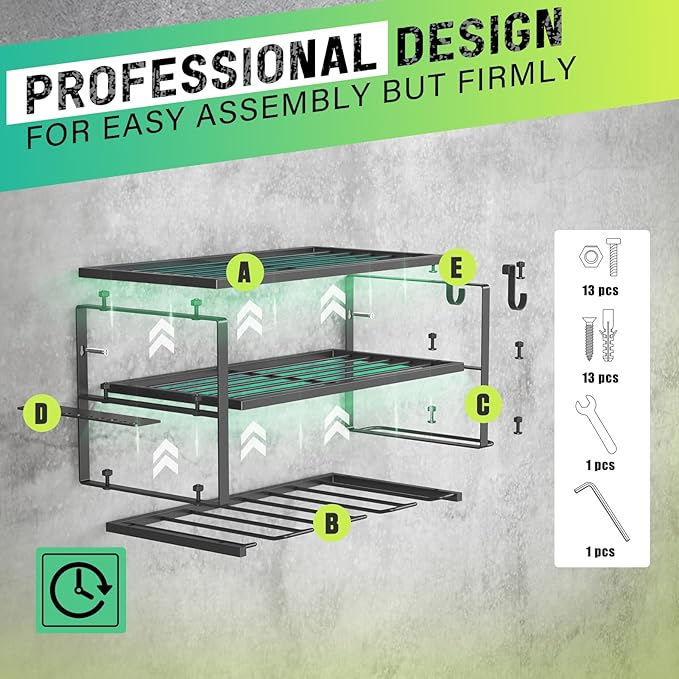 Power Tool Organizer, Heavy Duty Iron, 3 Layers Storage Rack with 4 Drill Holders, Floating Tool Shelf Wall Mounted, Matte Black, Work Shop, Garage, 150Lbs Load Capacity