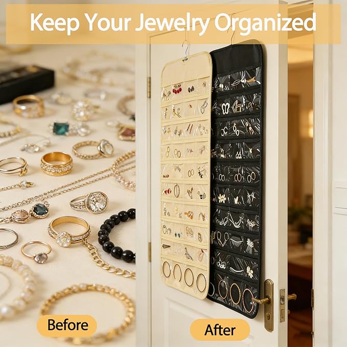 2PCS Hanging Jewelry Organizer with 160 Clear Pockets, 360° Swivel Hook for Double-Sided Jewelry Holder for Earrings, Necklaces, Rings on Closet, Wall, Door, (Black and beige)