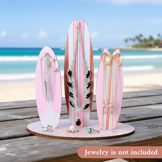 DIVINA VITAE Jewelry Organizer Stand, Cute Coastal Ocean Surfboard Decor, Preppy Beach Themed Room Decor Aesthetic, Coastal Dedroom Decoration Wooden Hawaii Surfer Gift for Teen Girls(Pink)