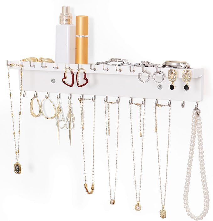 Necklace Holder Organizer Wall Mount,Jewelry Holder Organizer with 30 Hooks,Oak Jewelry Organizer and Storage for Necklaces,Bracelets and Rings (White)