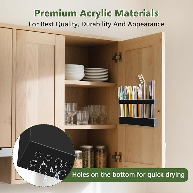 9.5” Large Acrylic Straw Holder for Cabinet Door - Reusable Tumbler Straw Organizer Storage, Small Kitchen Accessories Container, Ultra Sticky Cupboard Door Mounted (Black)