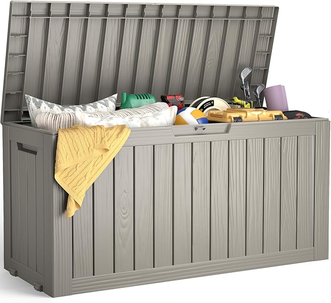Outdoor Storage Box, 75 Gallon Deck Box Waterproof, Resin Patio Storage Bin for Package Delivery, Patio Furniture Cushion, Garden Tools, Pool Accessories, Weatherproof, Grey