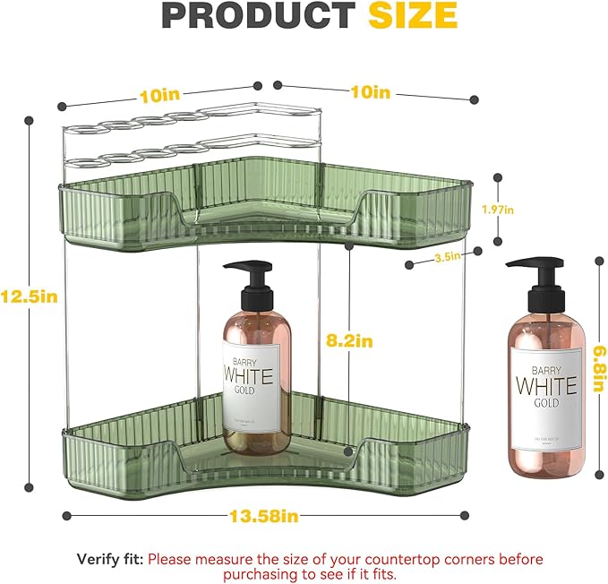 2-Tier Corner Bathroom Counter Organizer with Top Toothbrush Holders,Large Makeup Organizer Countertop with Brush Holder,Skincare Organizers Corner,Exquisite Vanity Organizer(Green, 2 Tier)